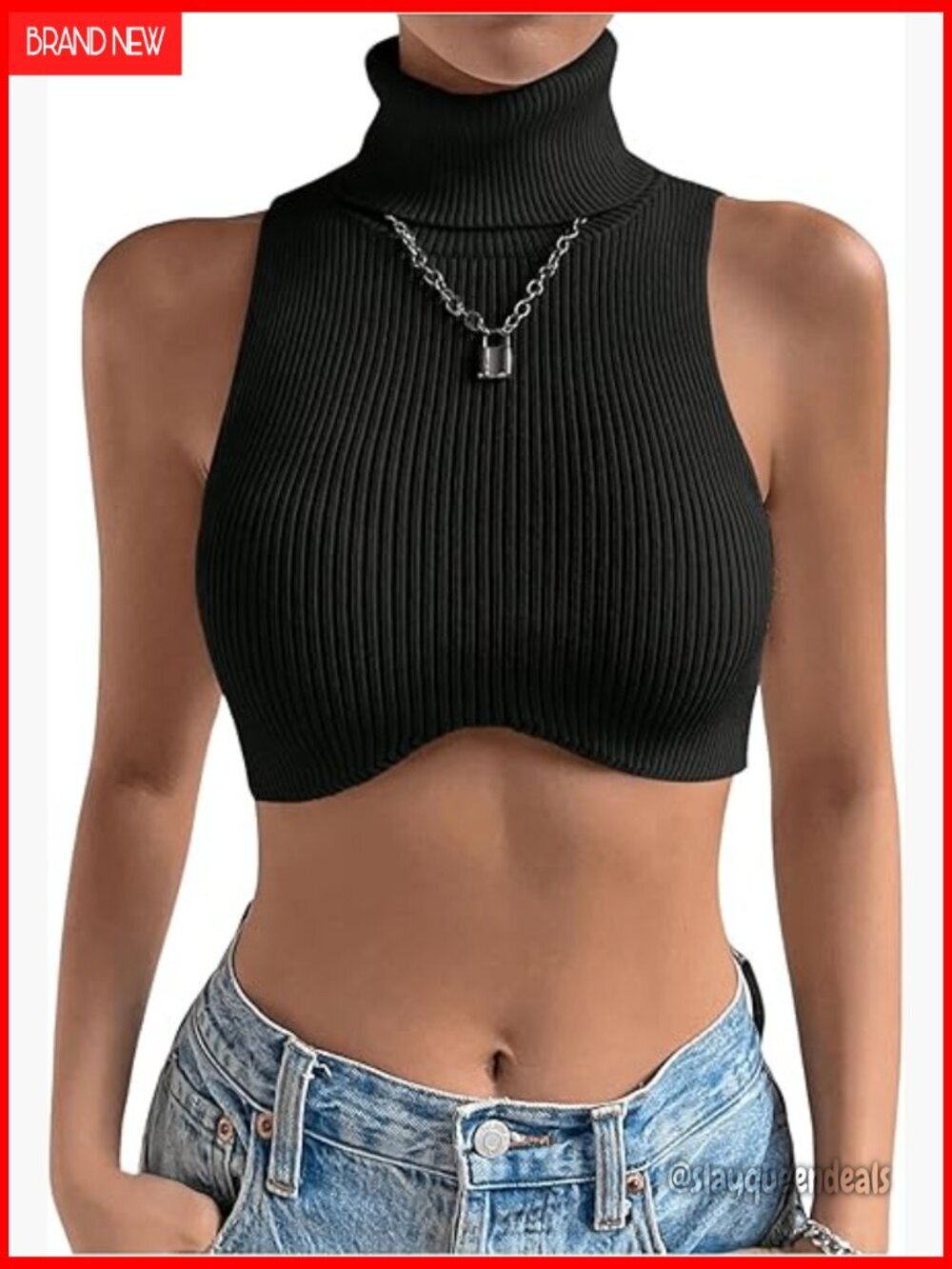 Sleeveless Ribbed Crop Tank Top High Neck Stretchy Polyester Vest